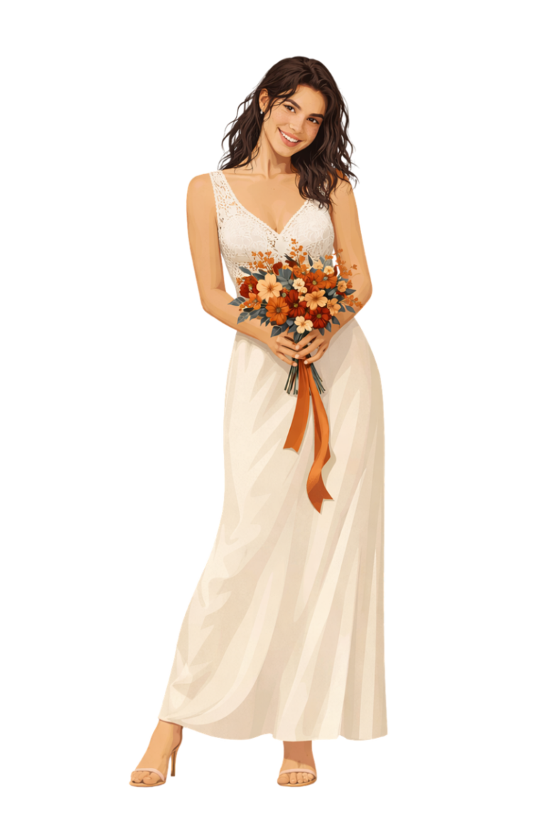 wedding illustration, bride illustration, boho bride, lace wedding dress, ivory gown, autumn bouquet, rustic wedding, romantic style, feminine elegance, natural beauty, bridal fashion, smiling bride, floral arrangement, warm colors, bohemian style, digital art, fashion illustration, isolated subject, transparent background, editorial style, romantic mood, timeless beauty, special occasion, delicate aesthetic, ai generated