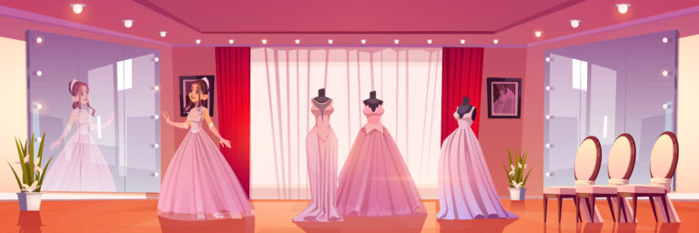 wedding shore with woman fitting bride dress